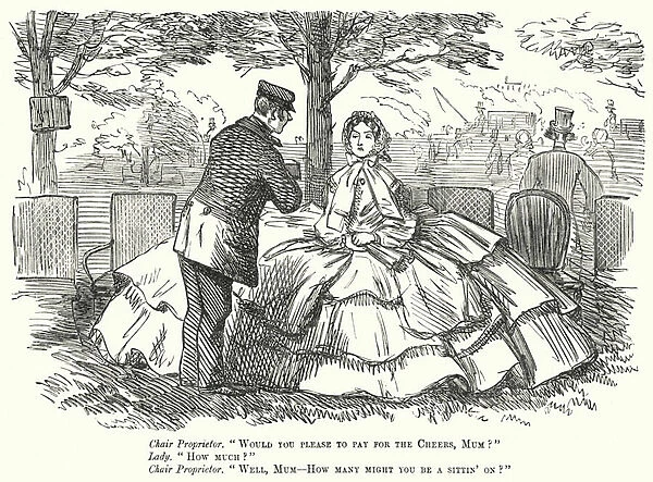 Punch cartoon: Victorian womens fashion - the wide hoop skirt (engraving)
