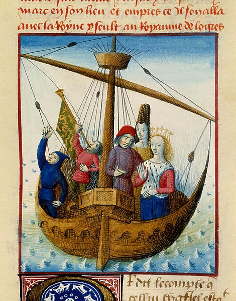 Queen Iseult (Iseult) of Tristan and they embarked for the kingdom of Logres Miniature taken from 'Romanesque du Chevalier Tristan and Queen Yseult'by Gassien de Poitiers enluminated by Everard de Espinques (Evrard d')