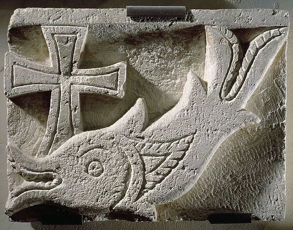Relief depicting a fish and a cross, from the cemetery of Ermant