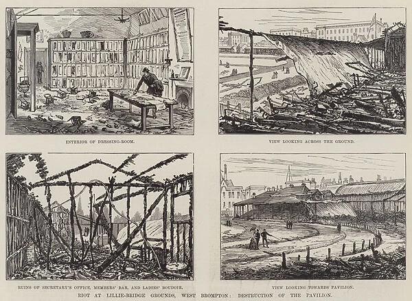 Riot at Lillie-Bridge Grounds, West Brompton, Destruction of the Pavilion (engraving)