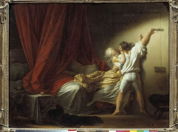 The Romantic Scene lock depicting a young man preventing his mistress from leaving the bedroom in bed. Painting by Jean-Honore Fragonard (1732-1806) 18th century. Dim. 0, 73x0, 93 m