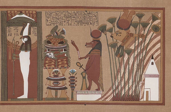 Scene from the Ancient Egyptian Papyrus of Ani, a Book of the Dead in the British Museum (colour litho)