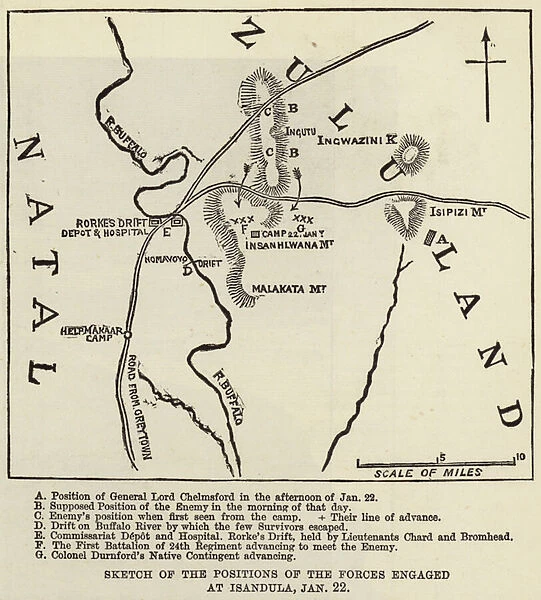 Sketch of the Positions of the Forces engaged at Isandula, 22 January (engraving)