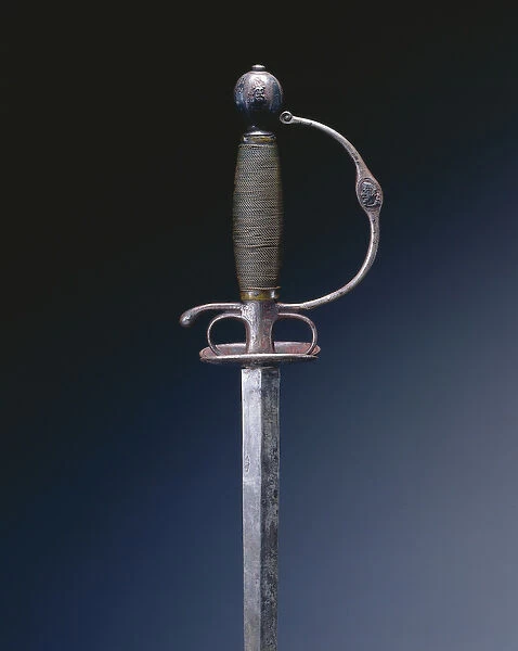 Small sword, c. 1650-70 (steel, iron, silver inlay, wood & brass wire)