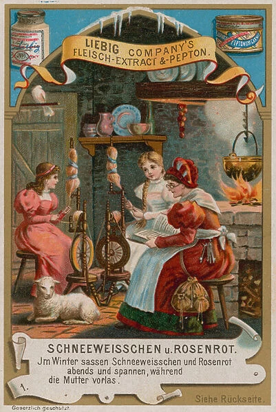 Snow White and Rose Red Spinning with Their Mother (chromolitho)