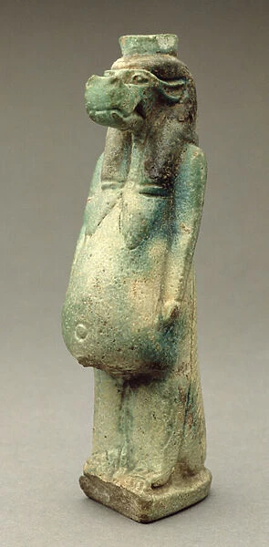 Statuette of the goddess Taweret, a hippopotamus with crocodile tail (faience)