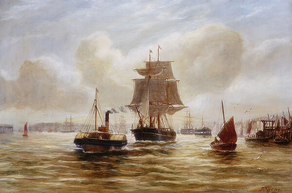 Steam Tug Towing a Ship at the Mouth of the Tyne (oil on canvas)