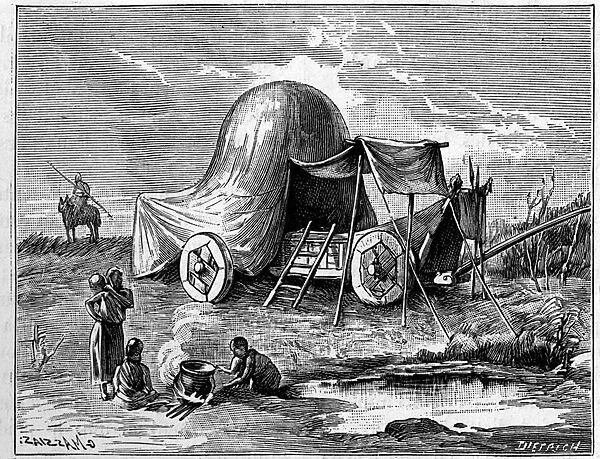 A tent mounted on a trolley from the time of the Gauls. Engraving in '