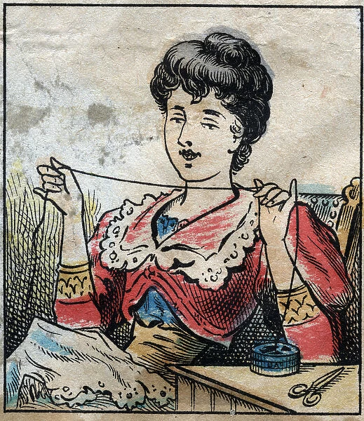 Textile, linen. Woman using capsules to use sewing threads. Engraving
