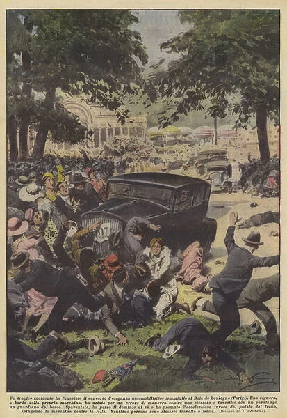 A tragic accident has devastated the womens automotive elegance contest at the Bois de Boulogne (Paris) (colour litho)