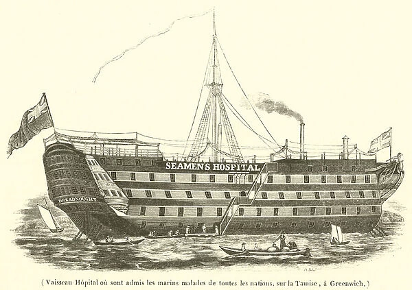 Vaisseau Hopital ou sont admis les marins malades de toutes les nations, sur la Tamise, a Greenwich (engraving)