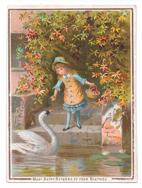 A Victorian Birthday card of a girl feeding a swan, c. 1880 (colour litho)