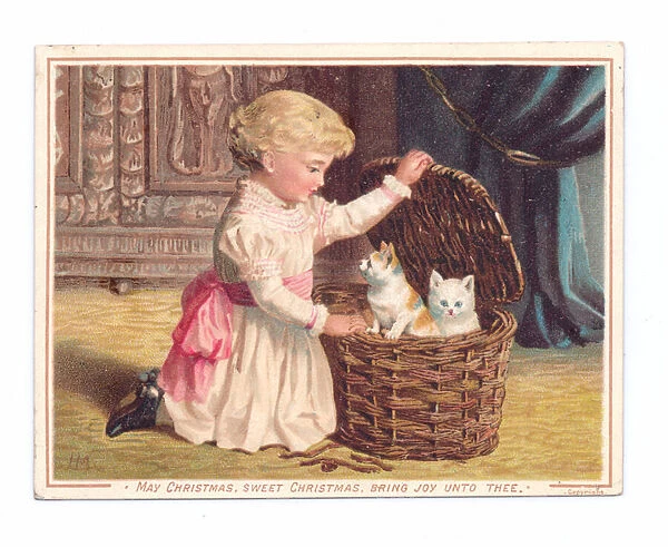A Victorian Christmas card of a little girl opening a wicker basket