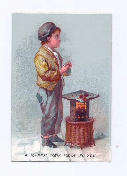 A Victorian New Year card of a boy roasting chestnuts on a small iron stove, c