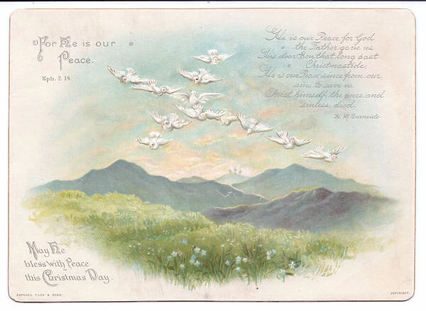 A Victorian religious Christmas card of flying doves in the shape of a cross, c