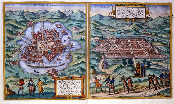 View of Mexico City (Mexico) and Cuzco (Peru). Atlas Braun & Hogenberg, 1558