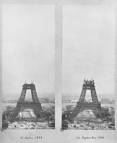 Two views of the construction of the Eiffel Tower, Paris