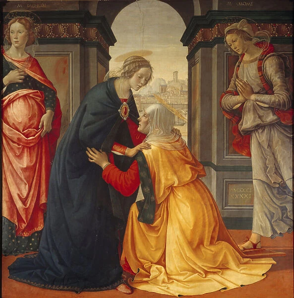 Visitation: Virgin Mary visits Elisabeth, between Marie Jacobie and Marie Salome