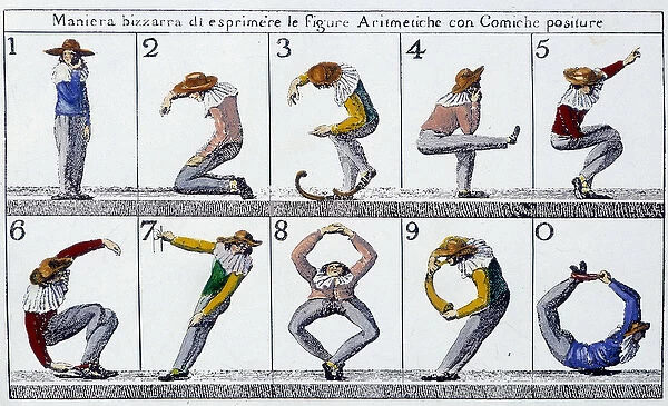 Weird way of expressing figures with comic postures - Italian doc. n. d