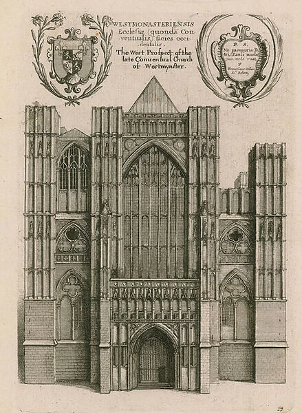 The west prospect of the late Conventual Church of Westminster, London (engraving)