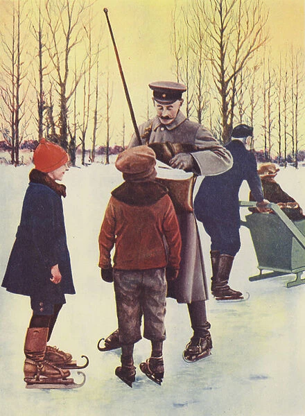In Winter this German postman goes his round on skates (colour photo)