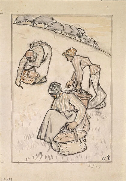 Women weeding the grass (pen and Indian ink with w  /  c over charcoal on paper)