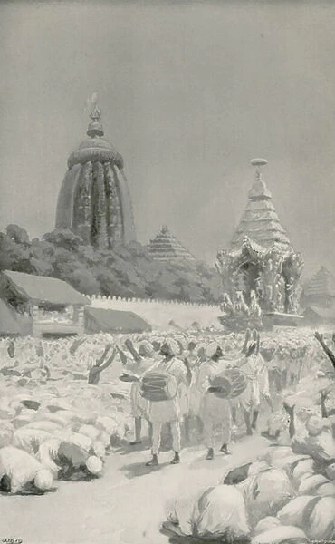 Worshippers Prostrating themeselves before the Famous Car at the festival of Jagannath (litho)
