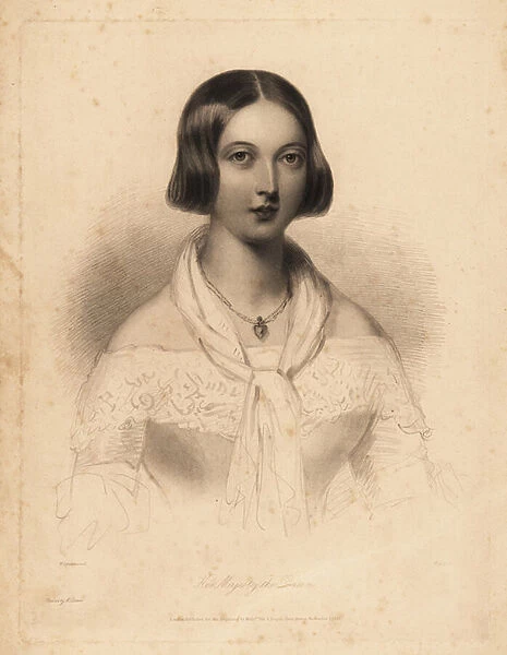 Young Queen Victoria, early 20s. Steel stipple engraving by William Henry Mote after an illustration by William Drummond from Charles Heaths English Pearls, or Portraits for the Boudoir, Tilt and Bogue, London, 1843