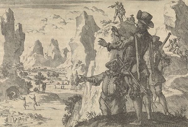 Armed Spaniards watching wild people from rocks, ca. 1600, print maker: Jan Luyken