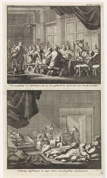 Bishops at a table and drunken bishops asleep in a room, Jan Luyken, Jacobus van