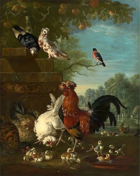 Domestic cock, hens, and chicks in a park Signed and dated, lower left: PCasteels