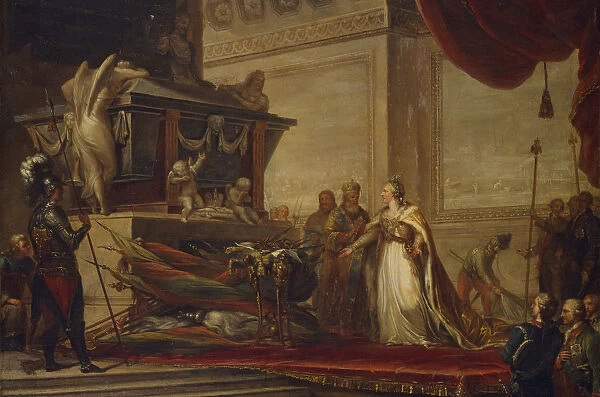 Catherine II laying the trophies of the Battle of Chesma on the tomb of Peter the Great, 1791. Artist: Hune (Huhne), Andreas Caspar (1749-1813)