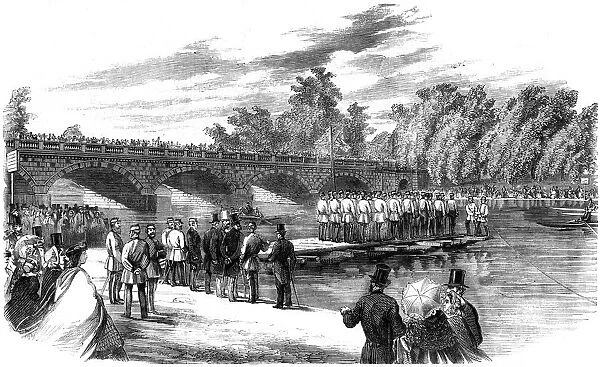 Experiments with Captain Fowkes pontoon bridge on the Serpentine, Hyde Park, London, 1860