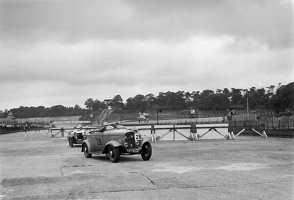 J Clelands Ford V8 and JH Barkers Riley Lynx at the chicane, JCC Members Day, Brooklands, 1939