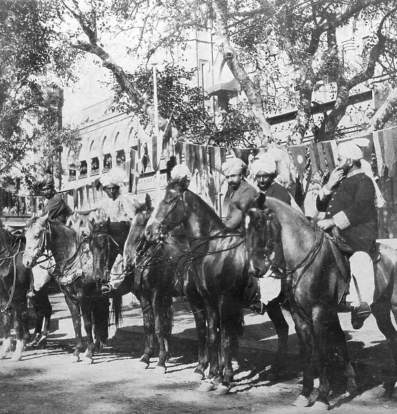 Punjabi horsemen outside the railway station at Delhi, India, 1900s. Artist: H Hands & Son