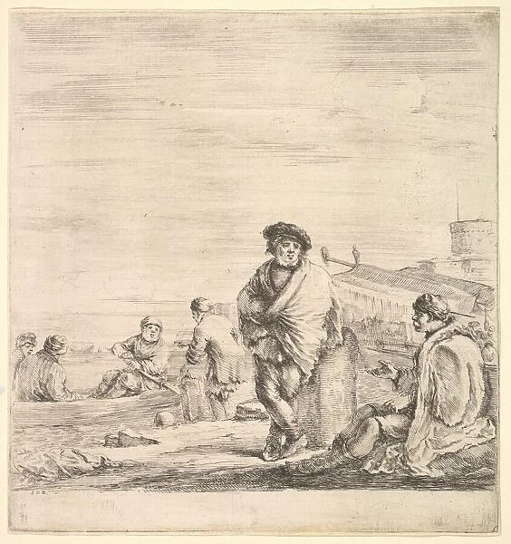 Standing sailor in center talking to a seated Levantine man to left, seen in profil