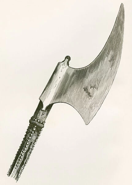 16Th Century Ceremonial Beheading Axe, Carried By The Master Gaoler Of The Tower Of London. The Staff Is Studded With Brass Nails Over Leather. From The British Army: Its Origins, Progress And Equipment, Published 1868