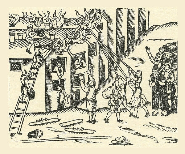 A 16th Century Fire Brigade At Work. From A Contemporary Print
