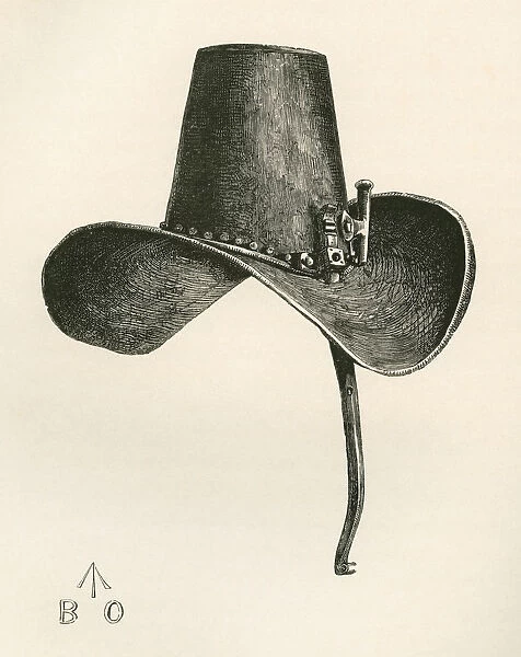 17Th Century Iron Hat With Nose Protection, Worn By Charles I. From The British Army: Its Origins, Progress And Equipment, Published 1868