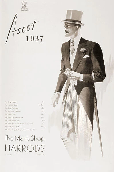 A 1937 Advertisement For The Mans Shop Harrods, showing A Gentleman In Top Hat And Tails Ready To Visit Ascot. From The Sphere, Coronation Record Number Published 1937