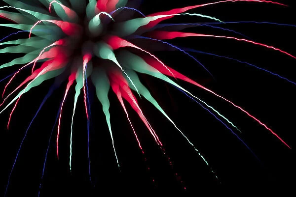 Abstract Multi-Coloured Firework Burst Using Focus Pull; Twickenham, England