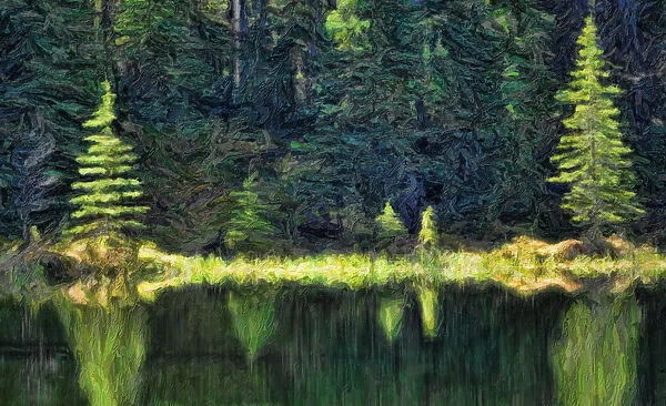 Abstract Painterly Style, Reflection On Water, Jasper National Park; Alberta, Canada
