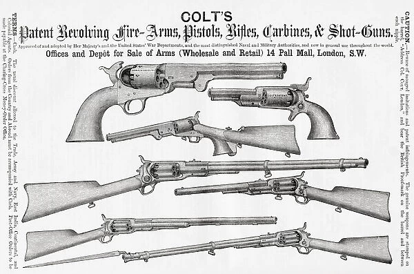 Advertisement for Colt's Firearms, Pistols, Rifles, Carbines & Shotguns. From A Concise History of The International Exhibition of 1862, published 1862