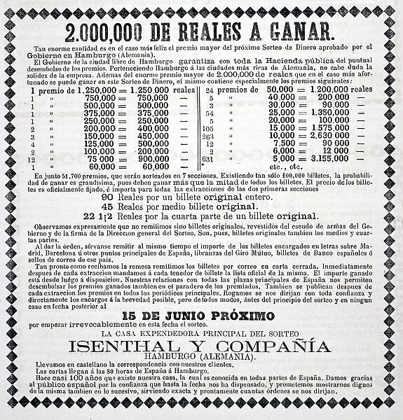 Advertisement For German Lottery In 1880 Edition Of Spanish Publication Revista Popular De Conocimientos Utiles