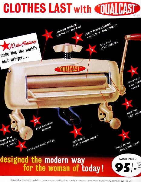 Advertisement for a Qualcast sink top mangle used for wringing out wet clothes, dated 1955