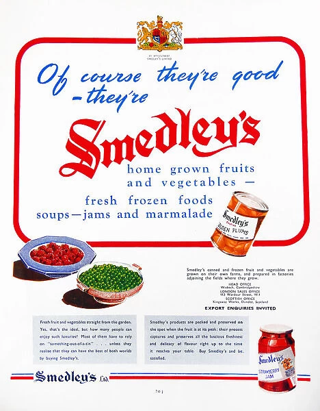 Advertisement for Smedley's preserved foods, dated 1950