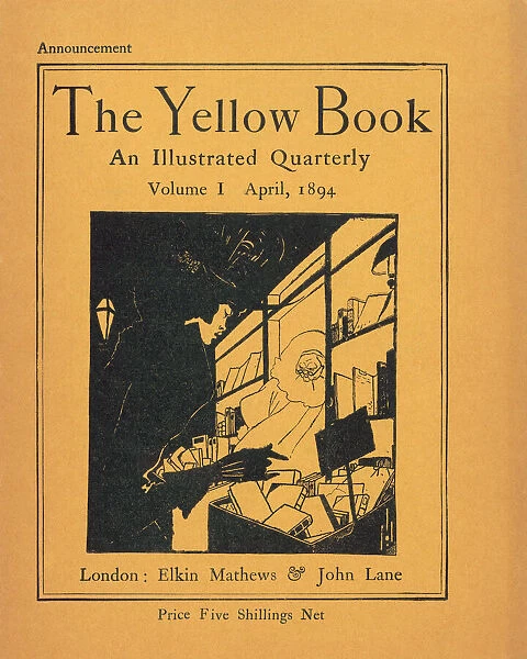 An advertisement for volume I of The Yellow Book, which was published on April 15, 1894. The magazine, an illustrated quarterly, featured works by contemporary artists and writers, and ceased publication in 1897. Aubrey Beardsley, who designed this advertisement, was the magazines first art editor
