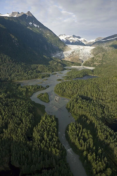 Aerial View Of Herbert Glacier And Herbert River As It Winds Its Way Down From The Juneau Icefield Through The Tongass National Forest In Southeast, Alaska