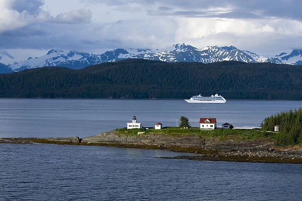 Aerial View Of Point Retreat Light House At The Tip Of Mansfield Penninsula With Admiralty Island And A Cruise Ship In The Background, Southeast, Alaska