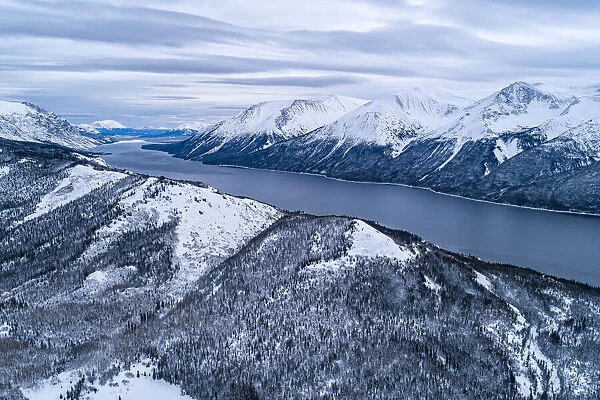 Aerial view of Tutshi Lake in winter, Yukon, Canada